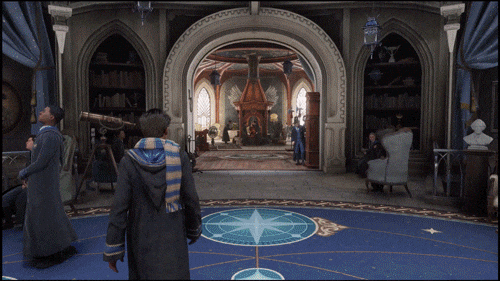 hogwarts legacy gif showing a character walking in different hogwarts houses/in different uniforms