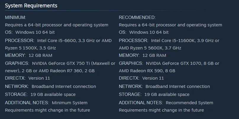 a screenshot of system requirements to play V Rising (both minimum and recommended)