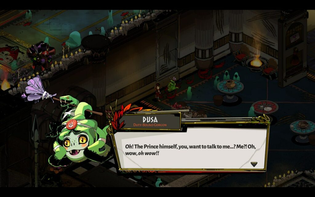 a screenshot of hades gameplay, showing the character of medusa and her intro