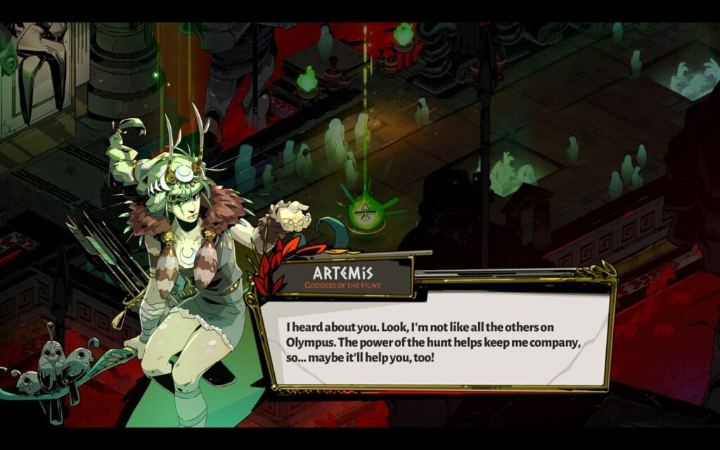 a screenshot of hades gameplay, showing the character of artemis and her intro