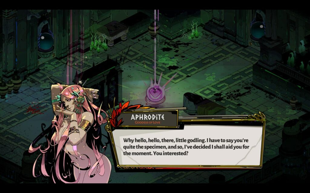 a screenshot of hades gameplay, showing the character of aphrodite and her intro