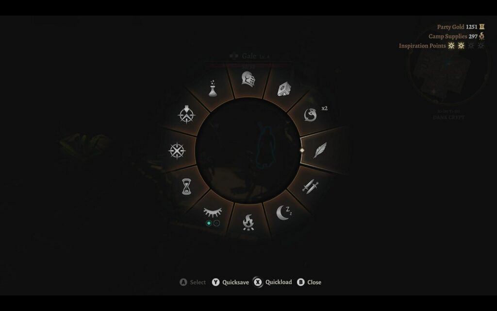 baldur's gate3 beginner tips: a screenshot of the radial menu and the camping option