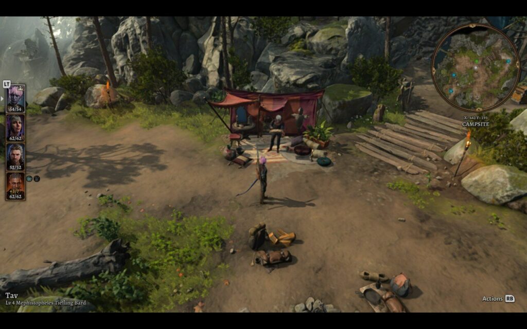 a gameplay screenshot of baldur's gate 3, showing the camp