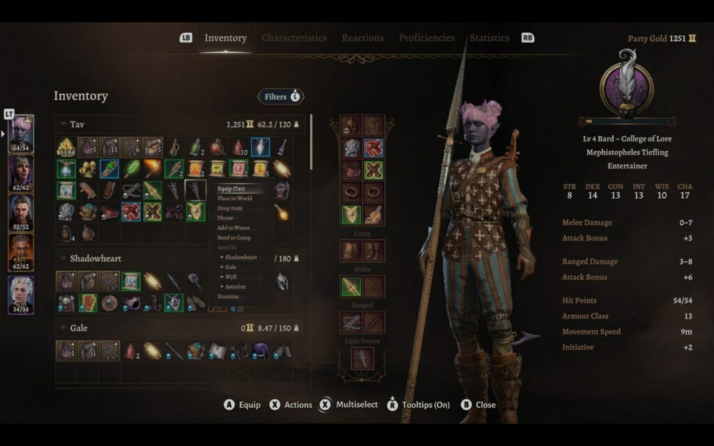 baldur's gate 3 beginner tips -- a screenshot of the send to camp option, inventory and character