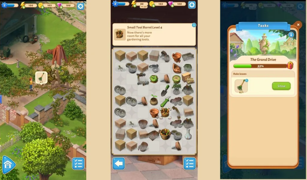 A collage of gameplay screenshots from Merge Mansion to showcase how the game works