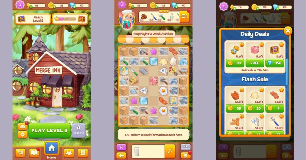 merge games: a collage of screenshots of merge inn gameplay