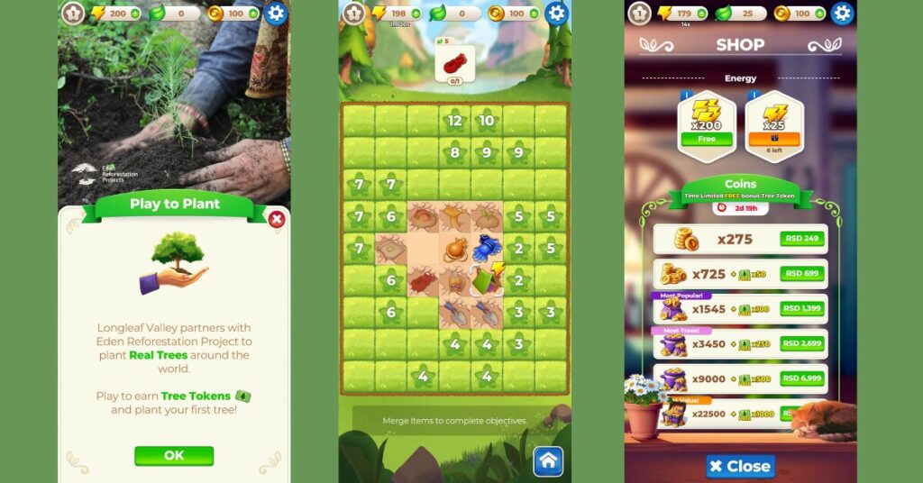 merge games: a screenshot of longleaf village gameplay