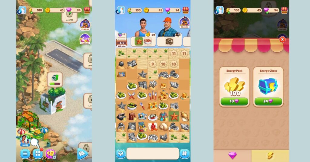 merge games: a screenshot of travel town gameplay
