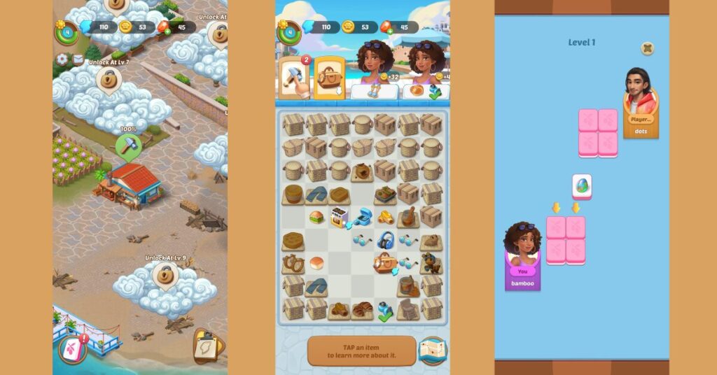 merge games: a collage of screenshots of seaside escape gameplay