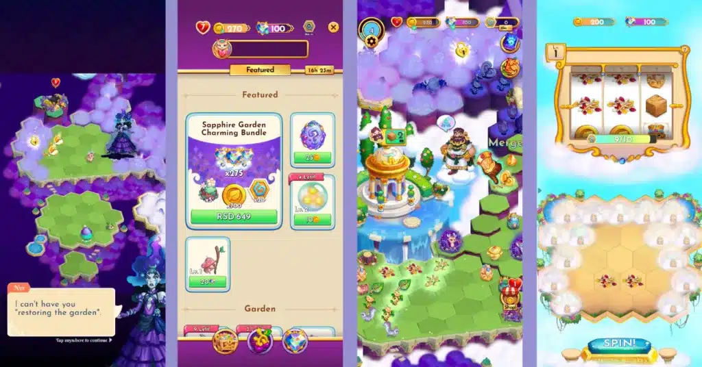 a collage of screenshots of midas merge, showcasing the in-game interface for merging, the shop, and the slot machine mini game
