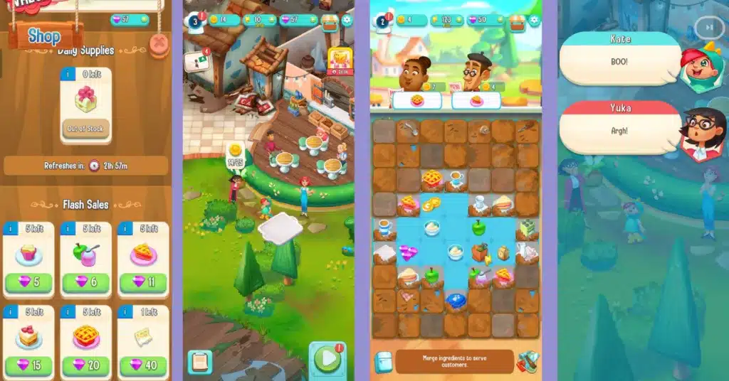 a collage of gameplay screenshots of love and pies (the merge game), showcasing the game interface, the shop, the merge screen and the character conversation