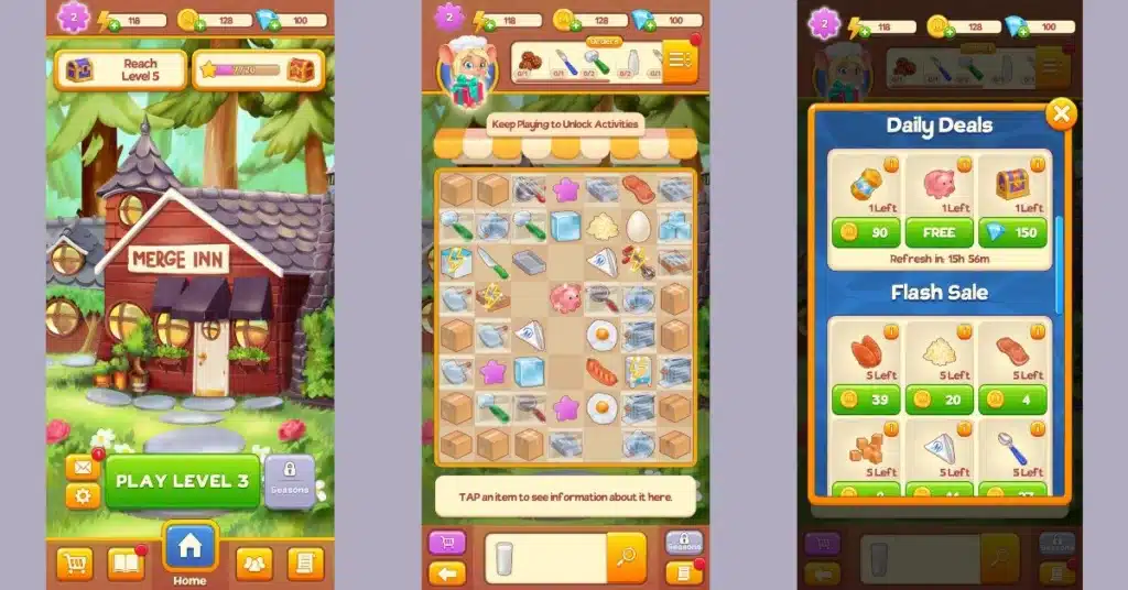 a collage of gameplay screenshots of merge inn