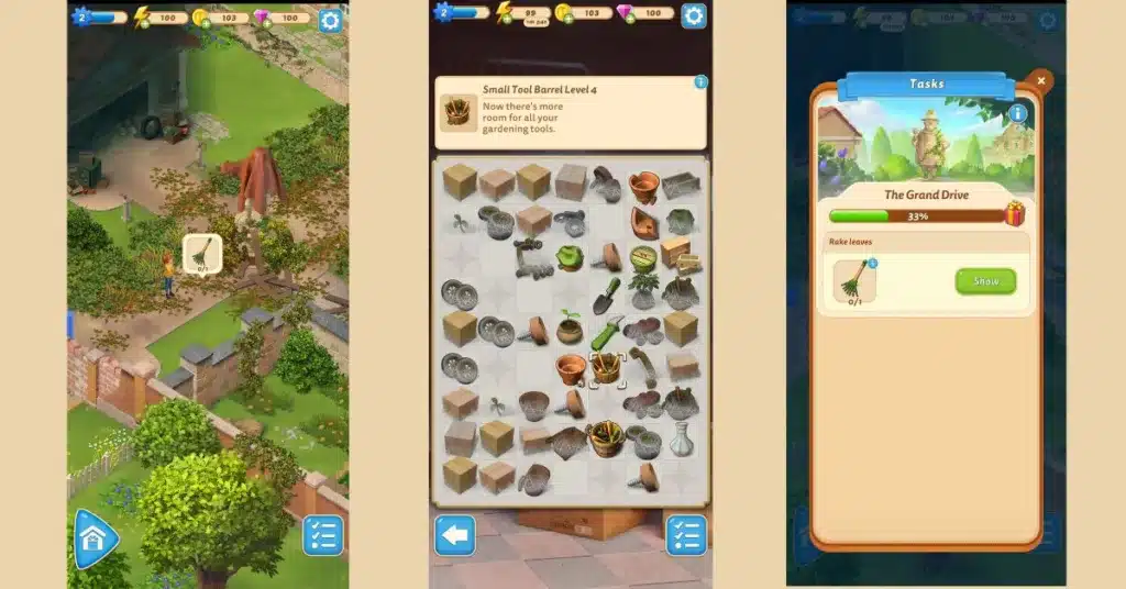 a collage of merge mansion gameplay screenshots taken on mobile