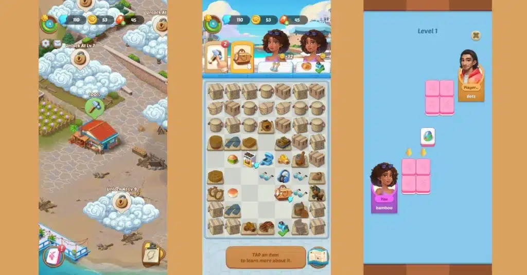 a collage of gameplay screenshots of seaside escape