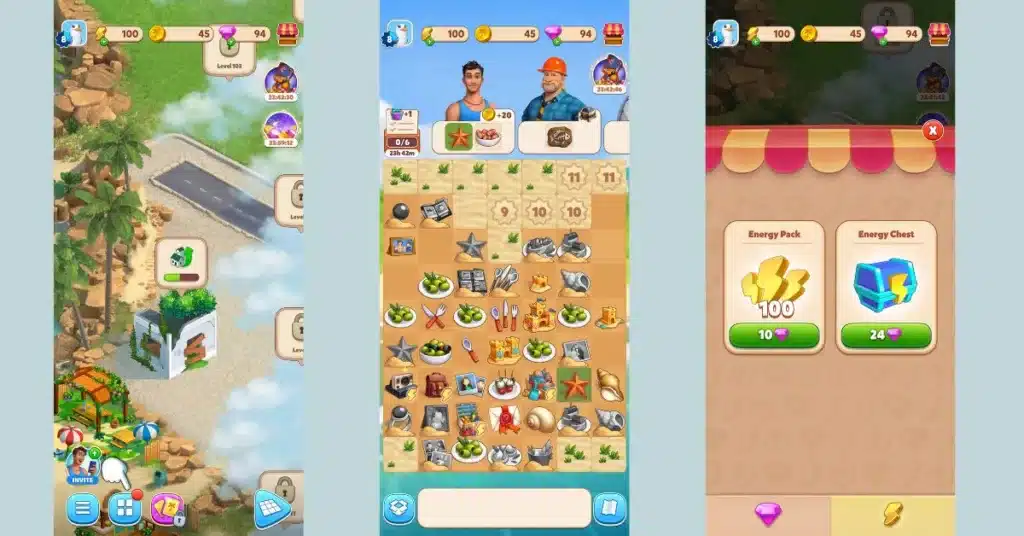 a collage of gameplay screenshots of travel town