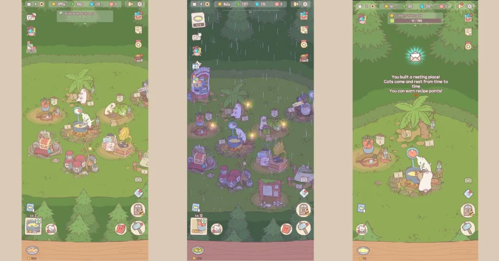a collage of gameplay screenshots of cats and soup, an idle cozy game