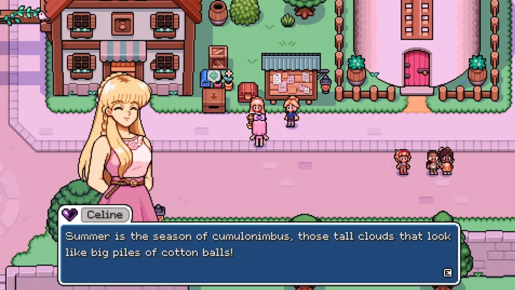 A gameplay screenshot of Fields of Mistria, showing the character Celine talking while standing by the town's general store