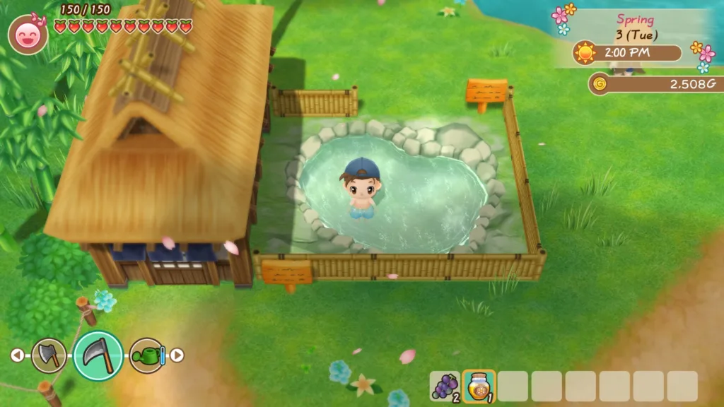A gameplay screenshot from Story of Seasons, friends of mineral town, showing the character enjoying some pool/spa time