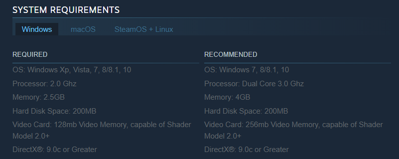 A screenshot of system requirements for Terraria (game)