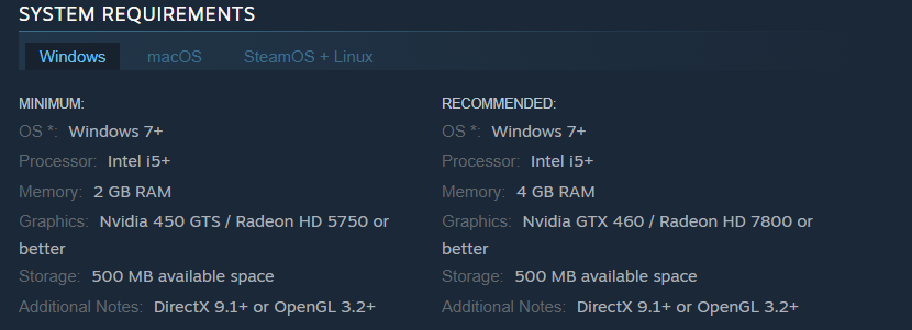 A screenshot of system requirements for Dead Cells (game)