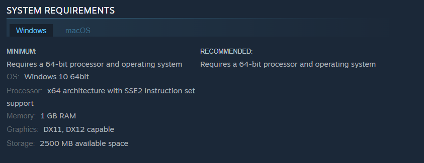 A screenshot of system requirements for Vampire survivors