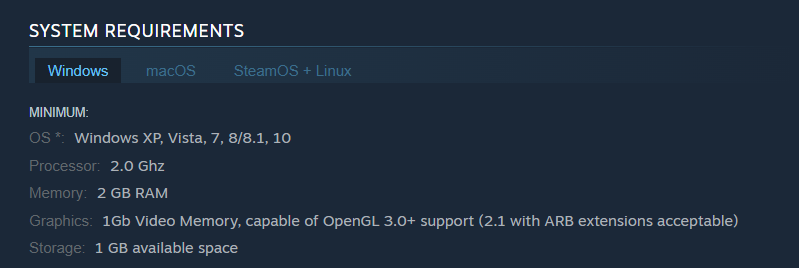 A screenshot of system requirements for Slay the Spire