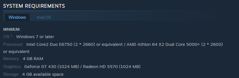 A screenshot of system requirements for Gris