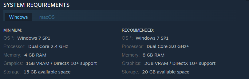 A screenshot of system requirements for Hades