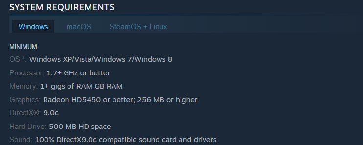 A screenshot of system requirements for Don't Starve