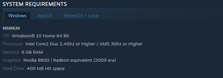 A screenshot of system requirements for Prison Architect