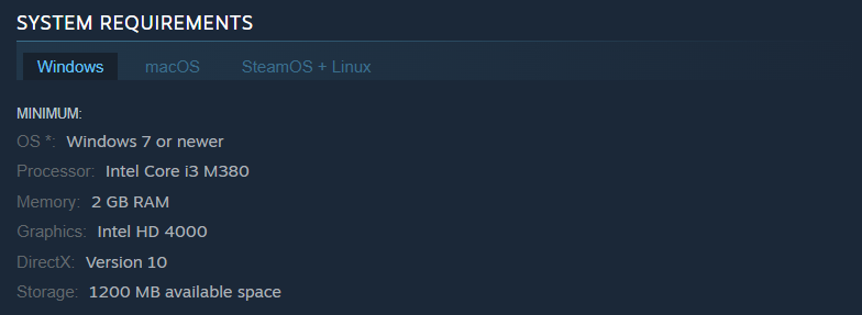 A screenshot of system requirements for Celeste