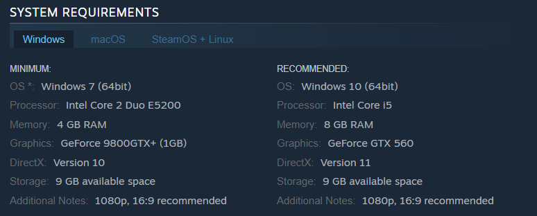 A screenshot of system requirements for Hollow Knight