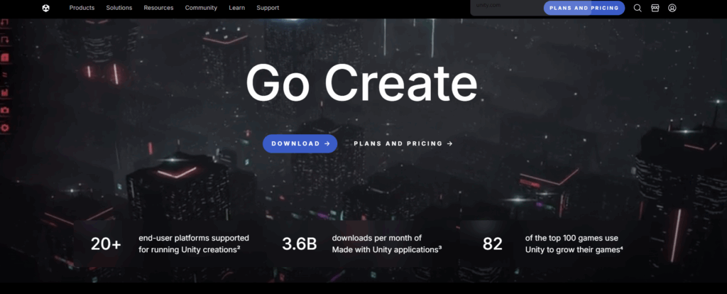 a screenshot of unity engine website
