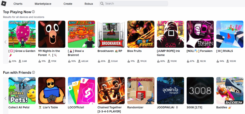 a screenshot of the wide variety of games that roblox has