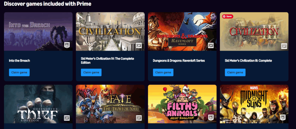 a screenshot of amazon prime gaming where you can get free games with a prime account, showing which games are free this month