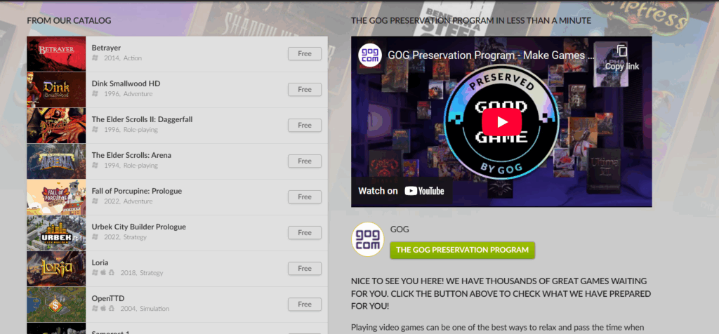 a screenshot of GOG's free games page where you can get games for free, showing which games are available