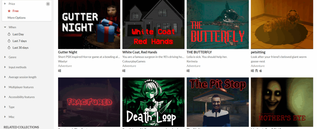 a screenshot of itch.io's website and the free games section