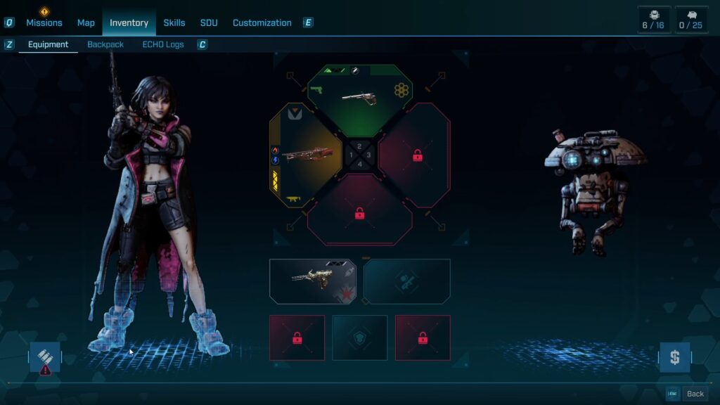 a gameplay screenshot of borderlands 4, showing one of the characters and their gear and inventory
