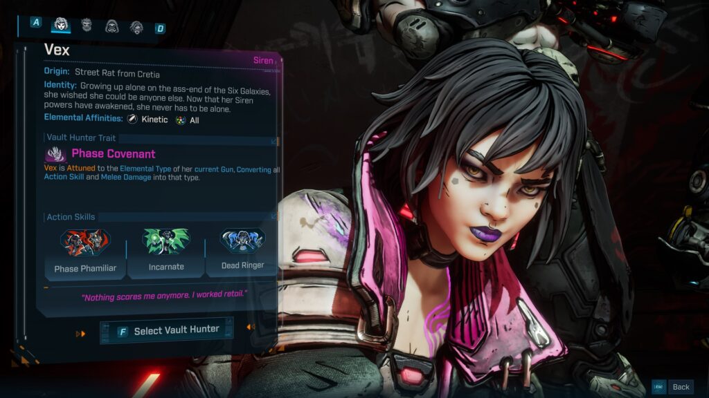 a gameplay screenshot of borderlands 4, showcasing vex the character, to show off graphics