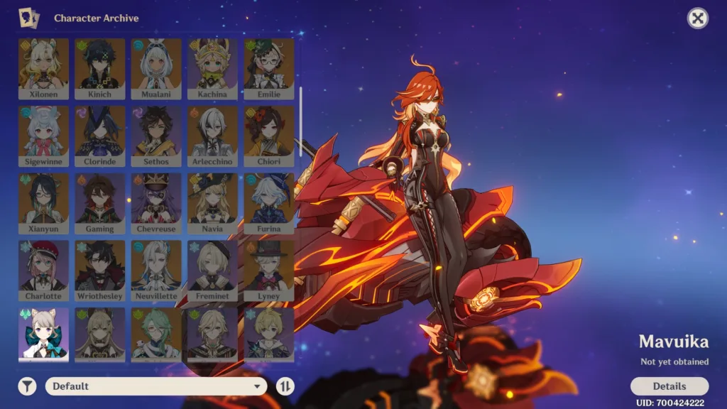 a screenshot of genshin impact and the available characters, with a focus on Mavuika 