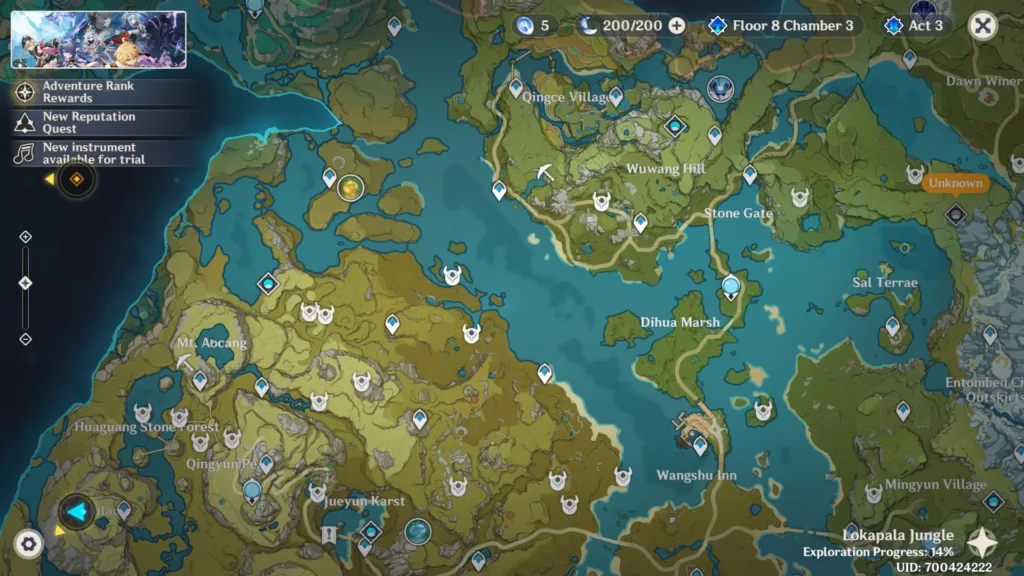 a gameplay screenshot of genshin impact, showing a map to depict just how vast it is, and how much you can explore