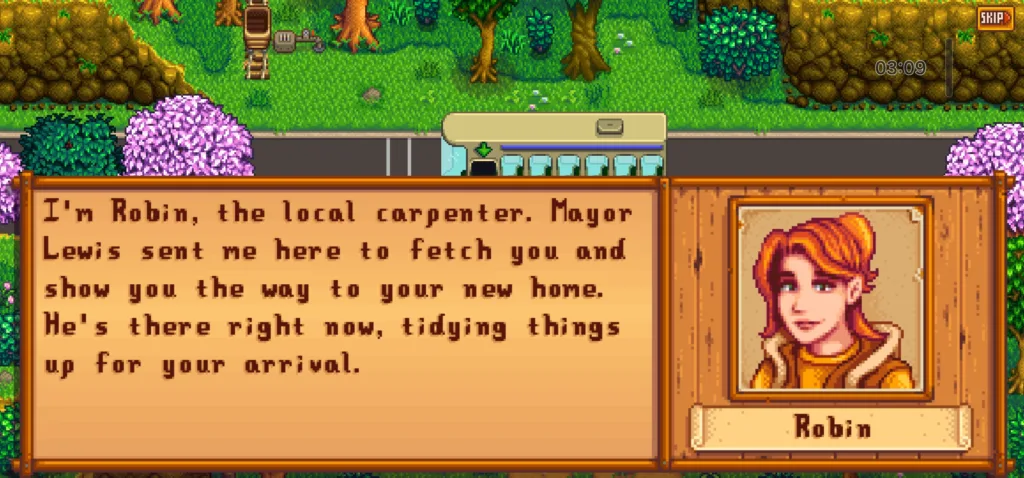 a screenshot of stardew valley gameplay, with the character robin introducing the farmer to the world