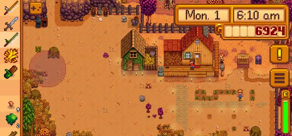 a gameplay screenshot of stardew valley, showing the farm during the fall season