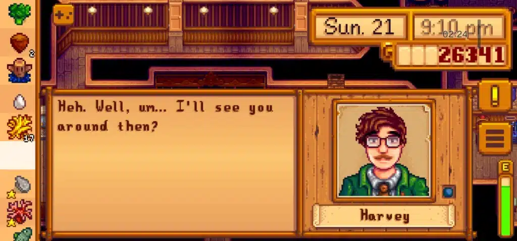 a gameplay screenshot of stardew valley showing a conversation with harvey the character