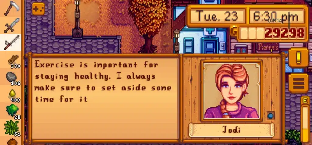 a stardew valley gameplay screenshot of a conversation with jodi, one of the character