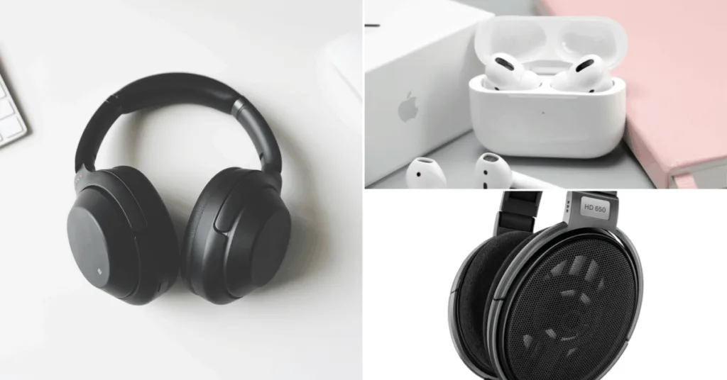 a photo collage showing over-ear headphones, open-back headphones and earbuds