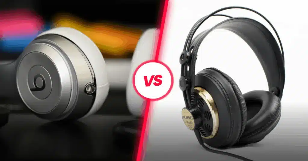 a photo collage showing wired and wireless headphones next to each other