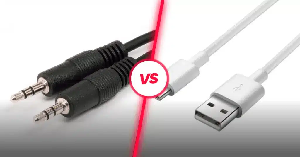 a photo collage showing 3.5mm analog and usb and usb-c cables for headphones