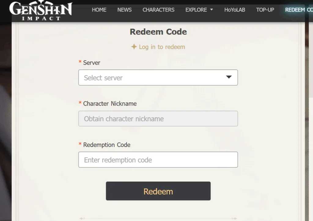 a screenshot of the genshin impact redeem code page