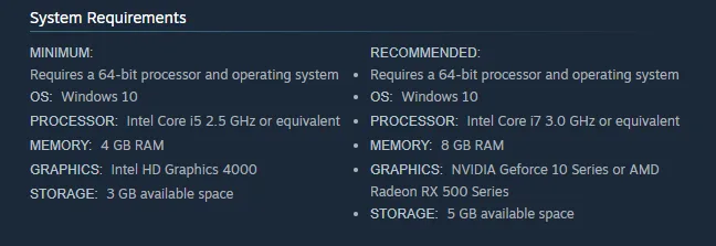 A screenshot of system requirements to play Cozy Grove: Camp Spirit on your computer, including minimum and recommended requirements